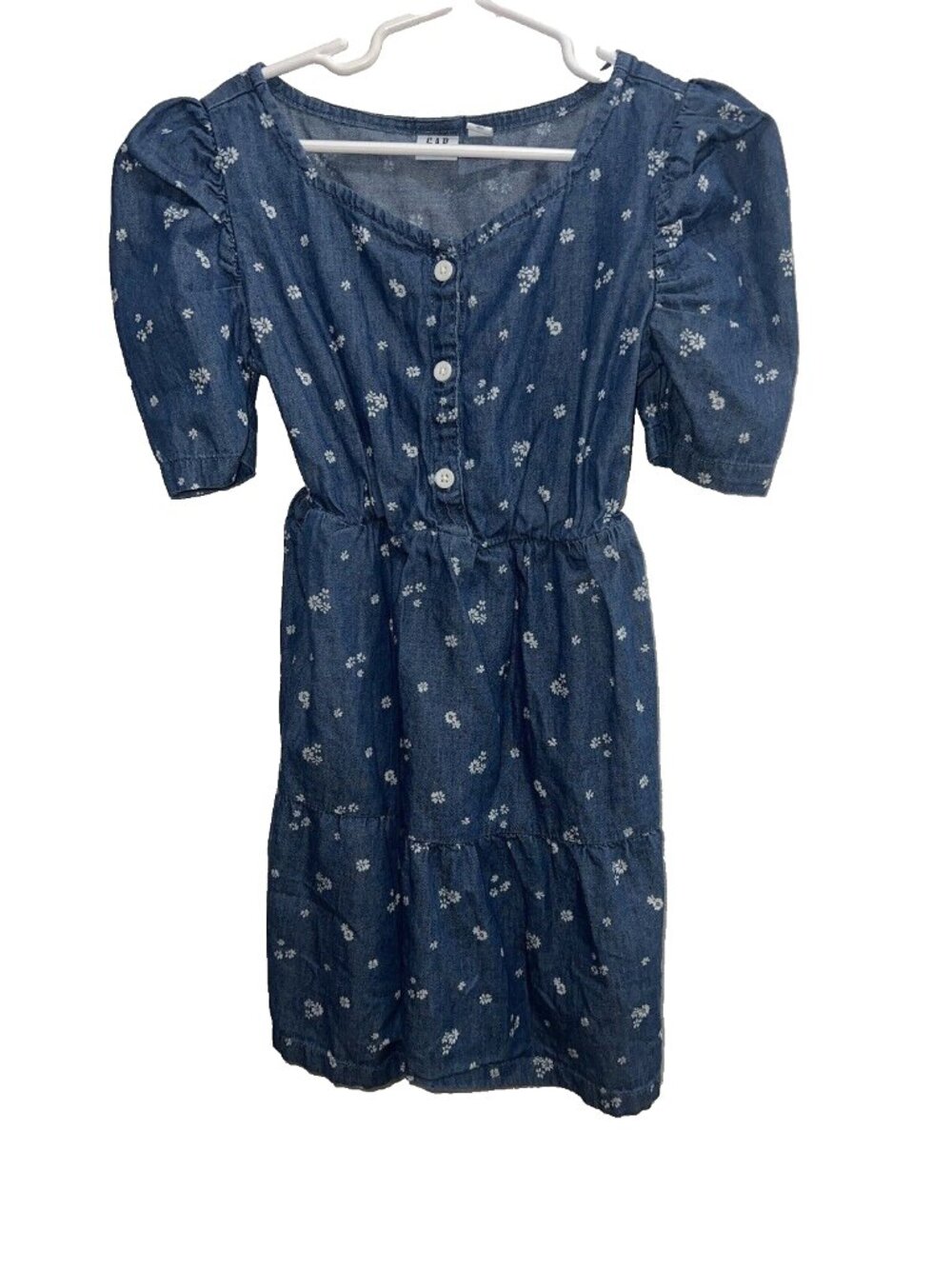 Girls Gap kids Dress size S (6/7) blue white floral print short sleeve cinched